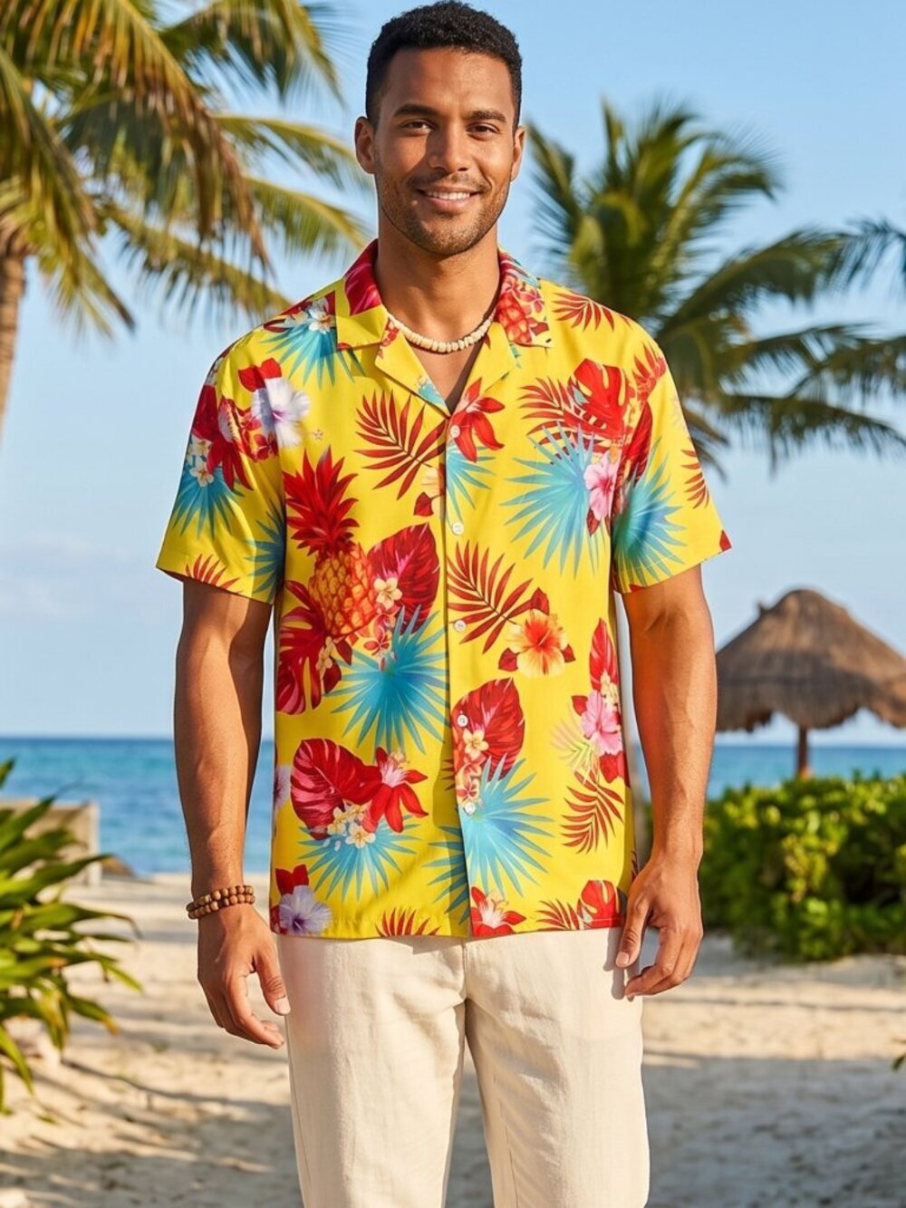 NWT | CROMONCENT Yellow Tropical Floral Pineapple Hawaiian Shirt | XL